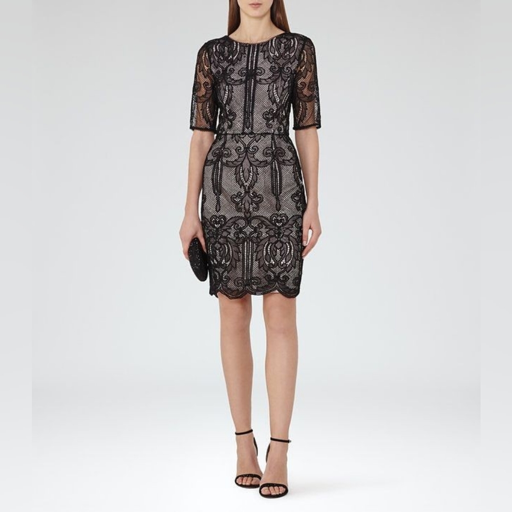 REISS Zola Lace Dress  Black Scalloped Hem V-Back Party Cocktail US 4 - Picture 6 of 16